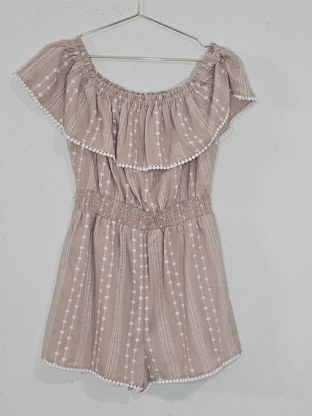 Pink Lily Boho Floral Stripe Romper M Off Shoulder Pom Pom Trim Tan Festival